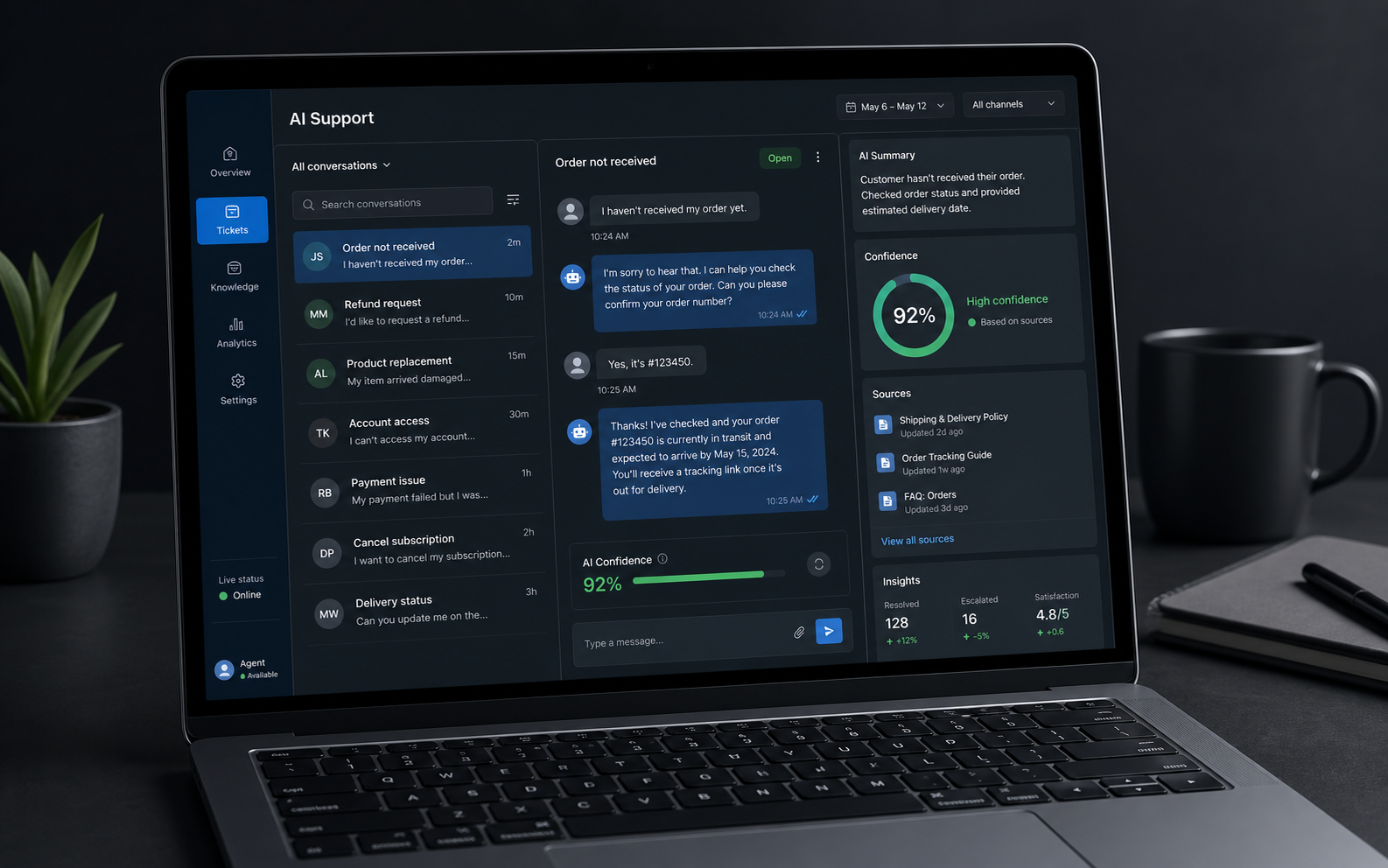 AI customer support chatbot dashboard mockup